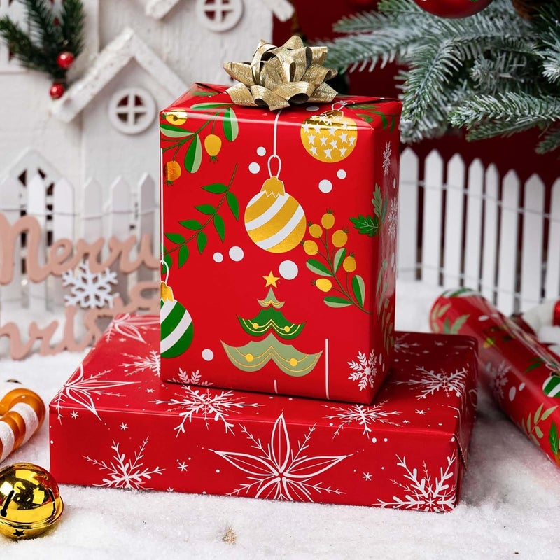 Retrify Red Wrapping Paper Roll - Metallic Gold Foil Bells, Berry and White Snowflake Mini Roll Gift Wrap Paper for Christmas New Year Festive Decoration - 17 Inches x 32.8 Feet - Image 3